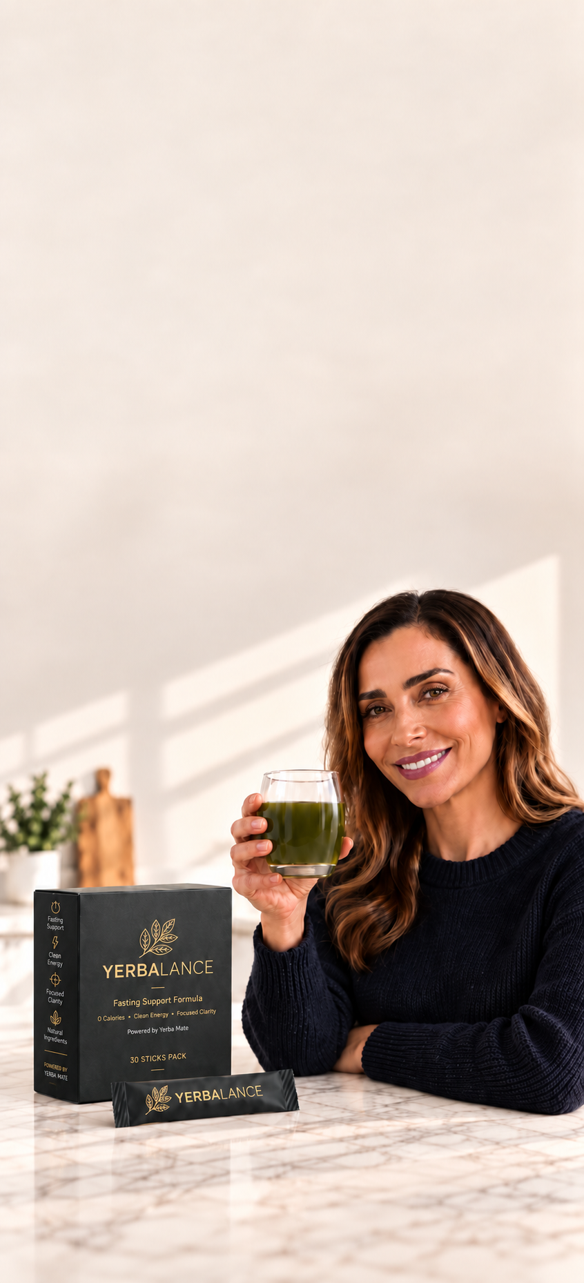 Woman enjoying Yerbalance yerba mate beside the product box
