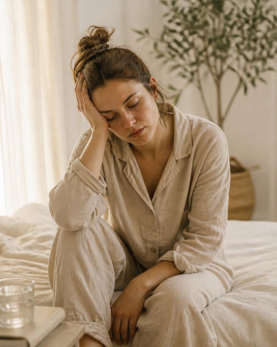 Woman in linen loungewear sitting on a bed looking drained during a fast