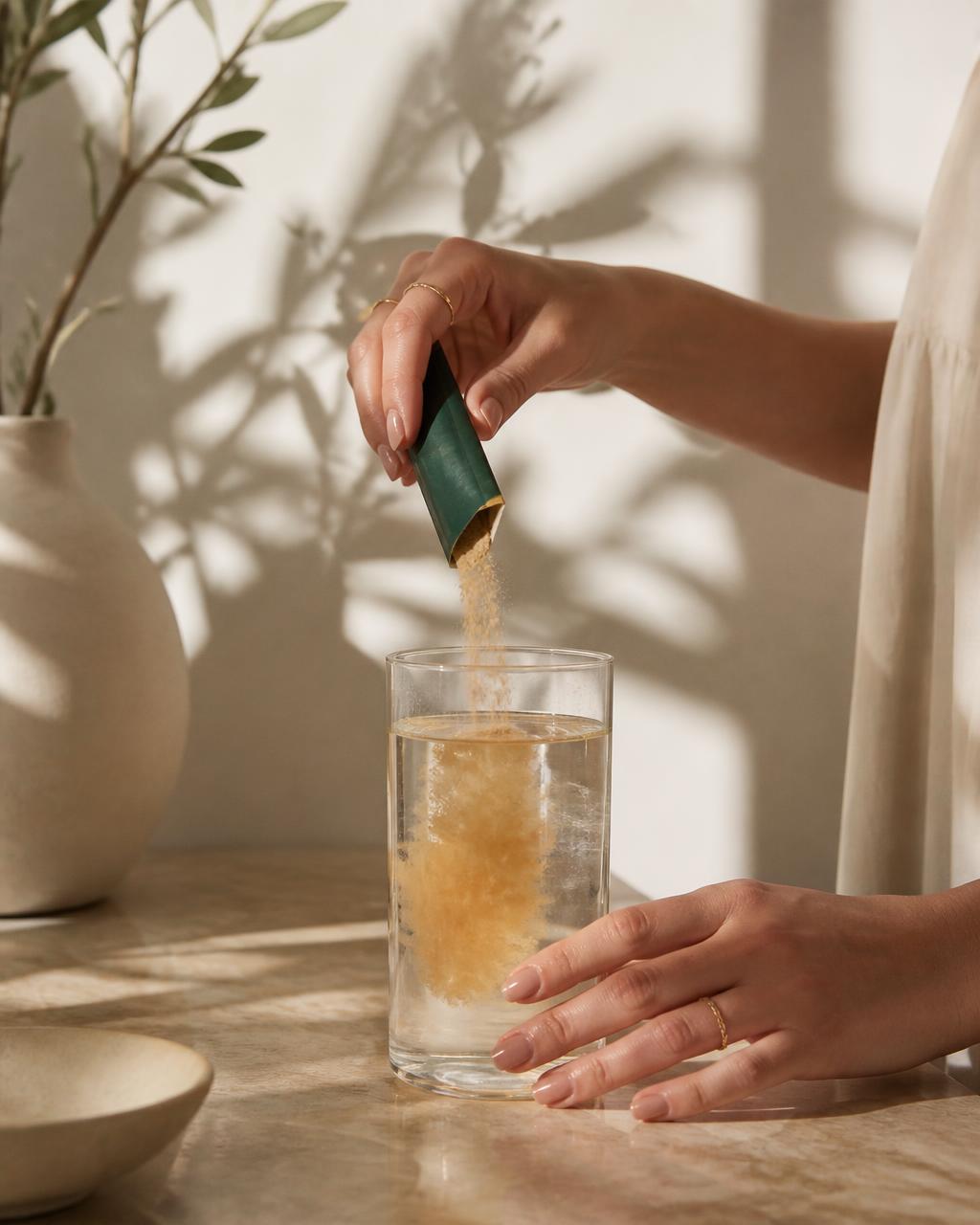 Hands pouring a Yerbalance stick into a tall glass of cold water on a marble counter