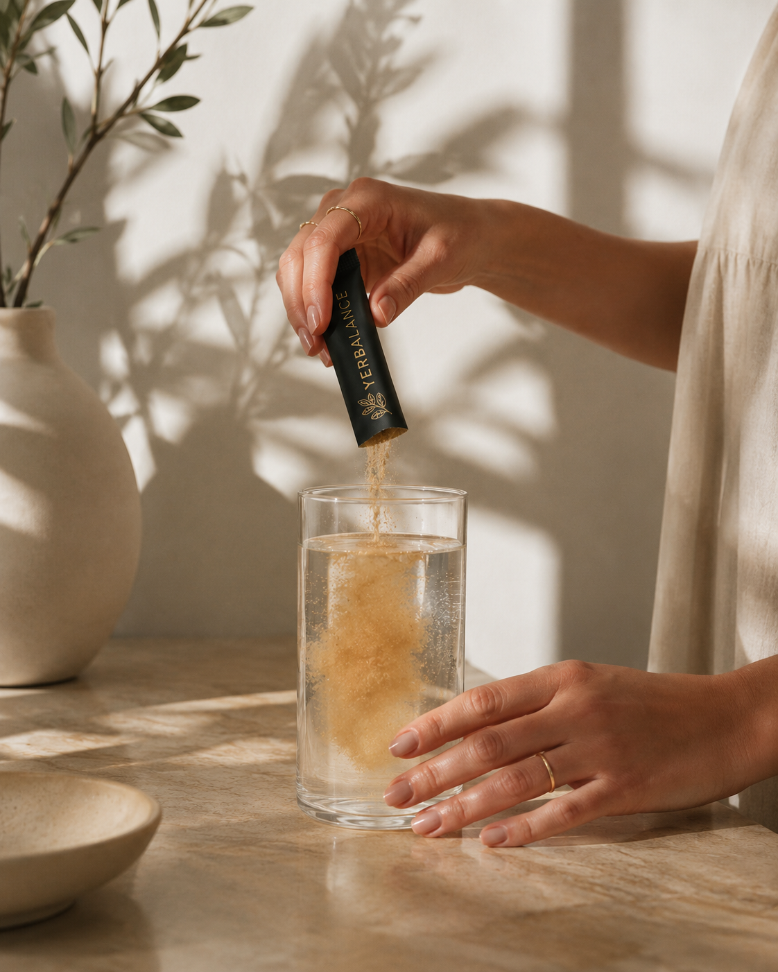 Hands pouring a Yerbalance stick into a tall glass of cold water on a marble counter