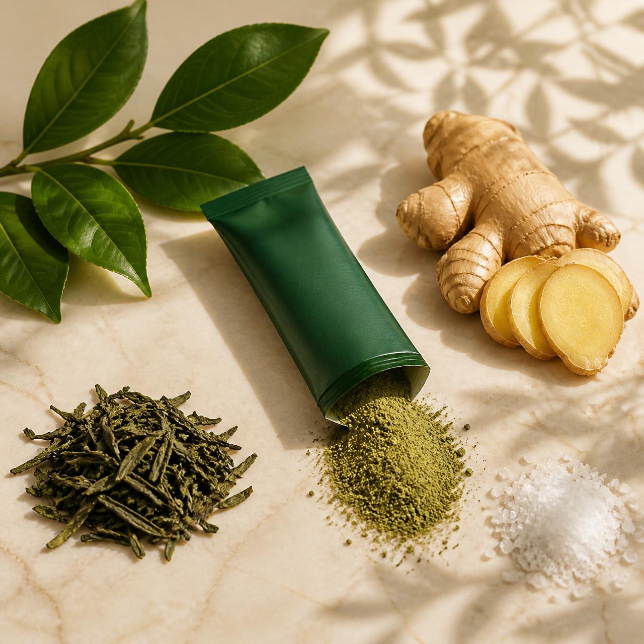 An open Yerbalance stick with yerba mate powder, mate leaves, green tea, fresh ginger and mineral salt on marble