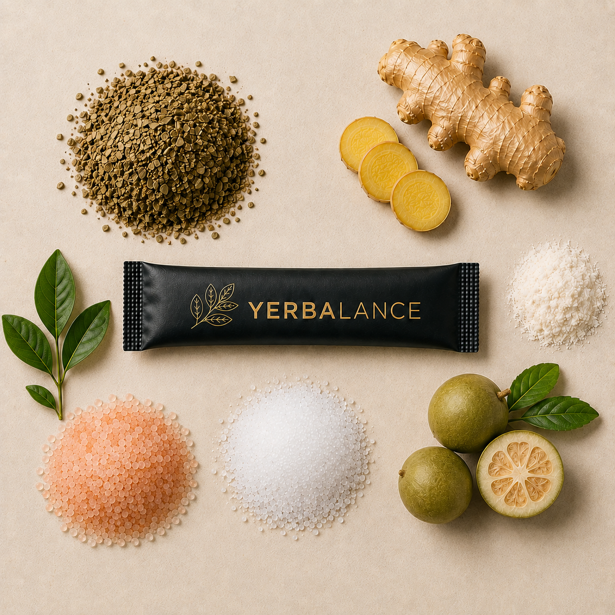 An open Yerbalance stick with yerba mate powder, mate leaves, green tea, fresh ginger and mineral salt on marble