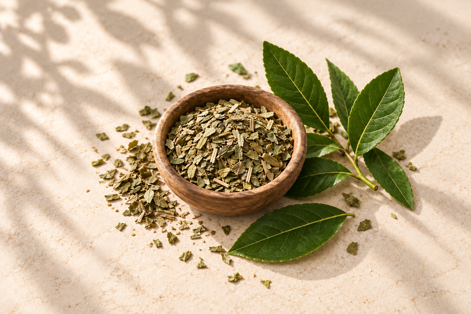 Fresh yerba mate leaves beside a wooden bowl of dried yerba mate